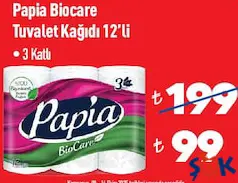 PAPİA BİOCARE TUVALET KAĞIDI 12'Lİ 3 KATLI